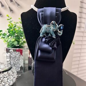 Navy Satin tie with Teal Crystal Elephant Brooch - Women's Accessory